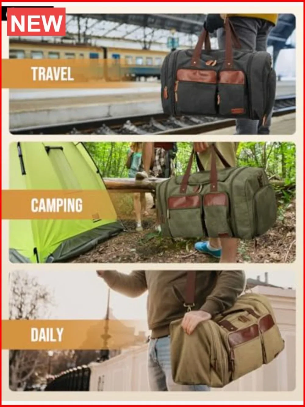 Canvas Duffle Bag 50L Expandable Travel Duffel with Shoes Compartment